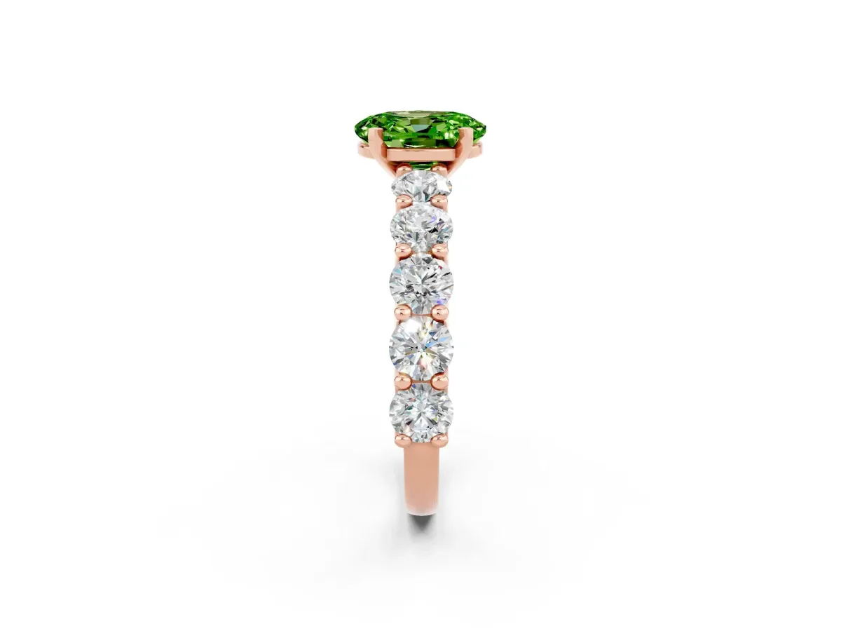 Oval Cut Peridot Prong Setting with Side Stones on a Pave Band Rose gold