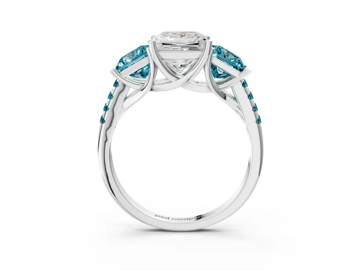 Three-Stone Princess Cut Diamond Ring with Round Blue Topaz Pavé Band and Prong Setting Silver