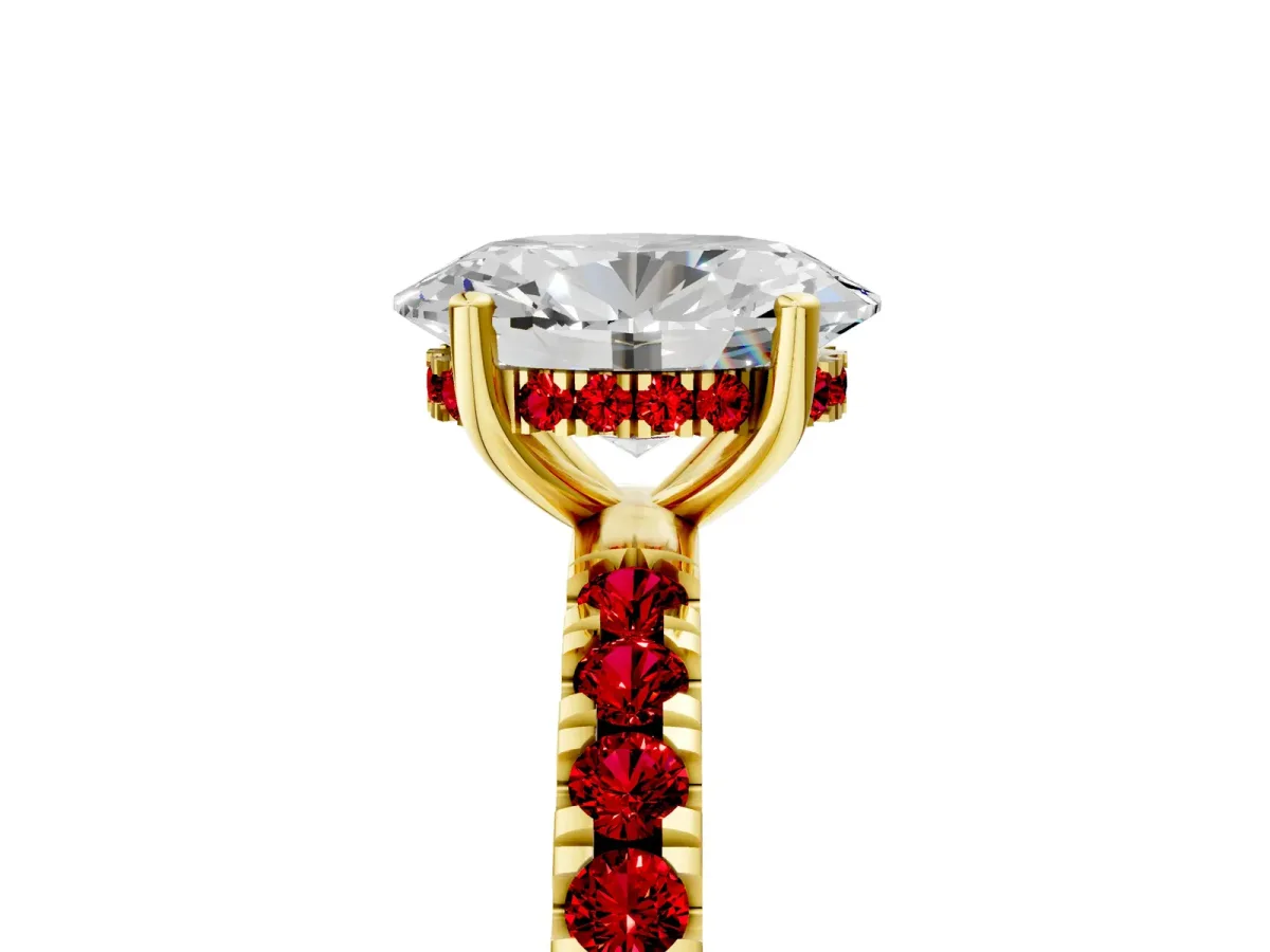 Oval Cut Diamond Pave Band Solitaire Ring with Round Ruby and Prong Setting Yellow gold