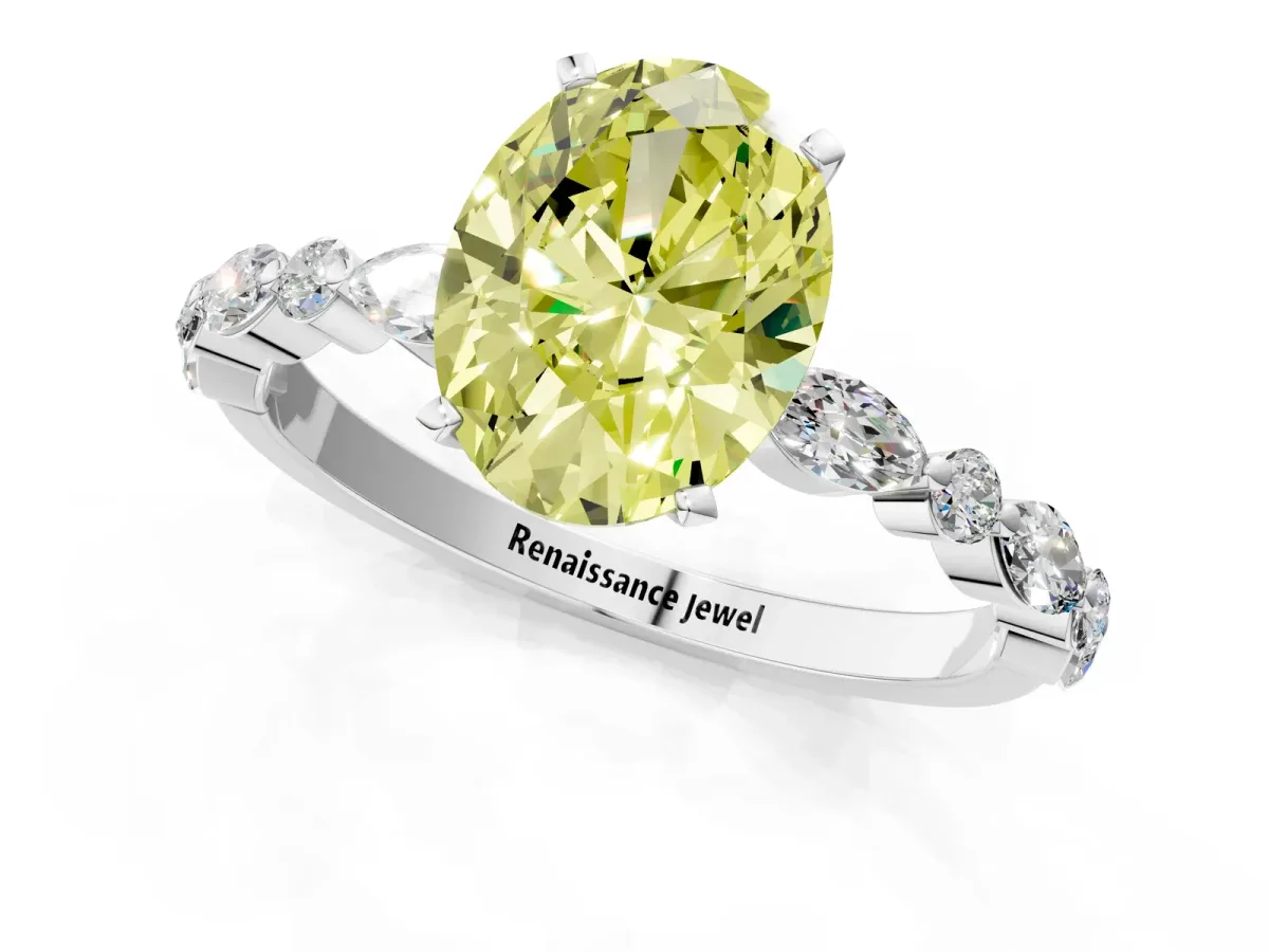 Fancy Yellow Oval Cut Diamond Ring with Marquise and Round Side Stones and Four-Prong Setting Silver