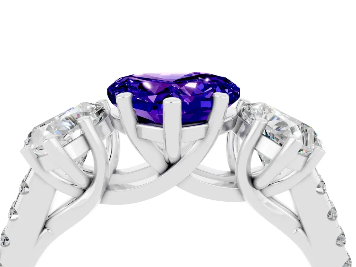 Three-Stone Heart Cut Tanzanite Ring with Round Pavé Band and Prong Setting Silver