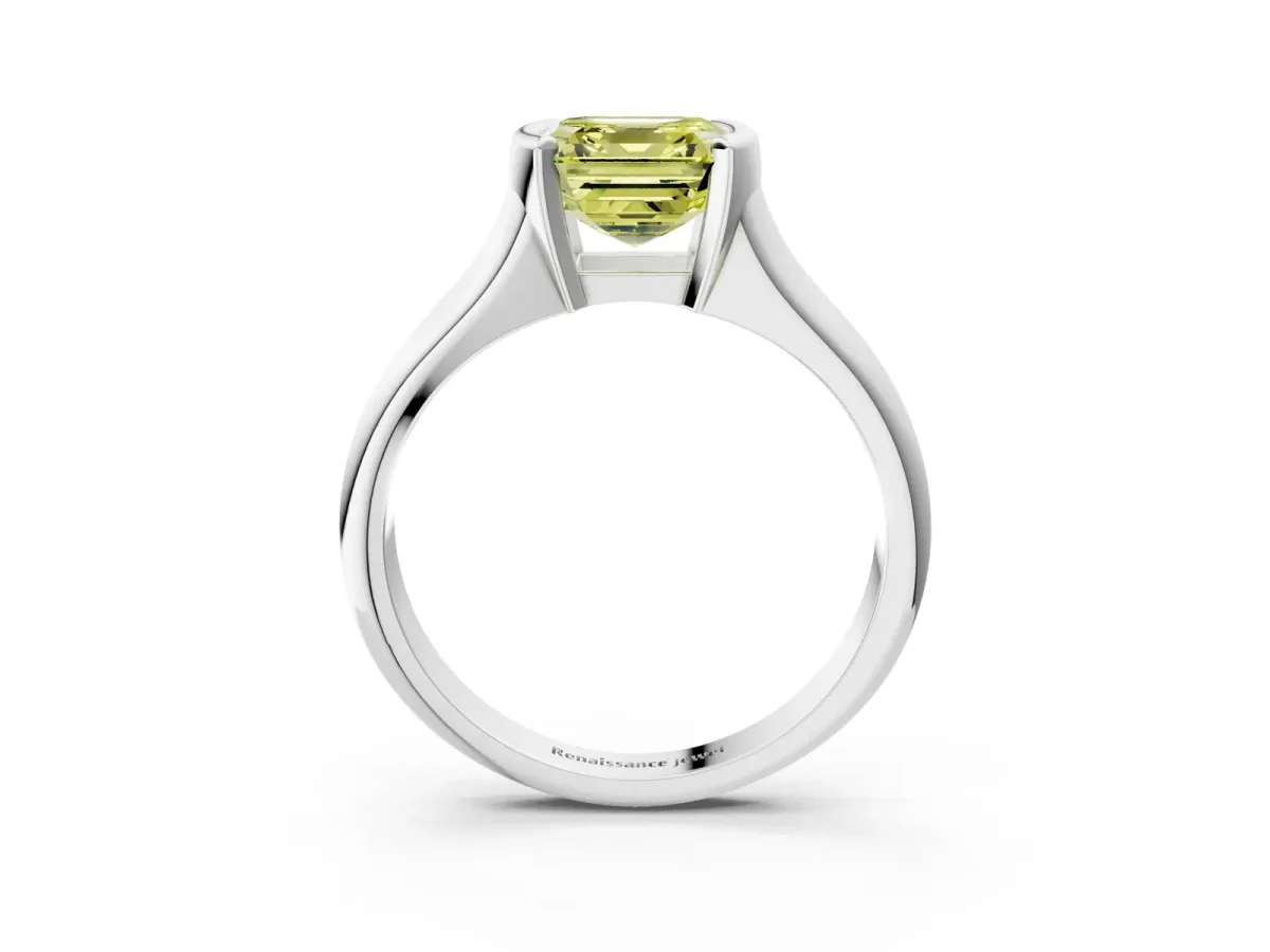 Fancy Yellow Asscher Cut Solitaire Tension Set Diamond Ring with Split Shank Band Platinum