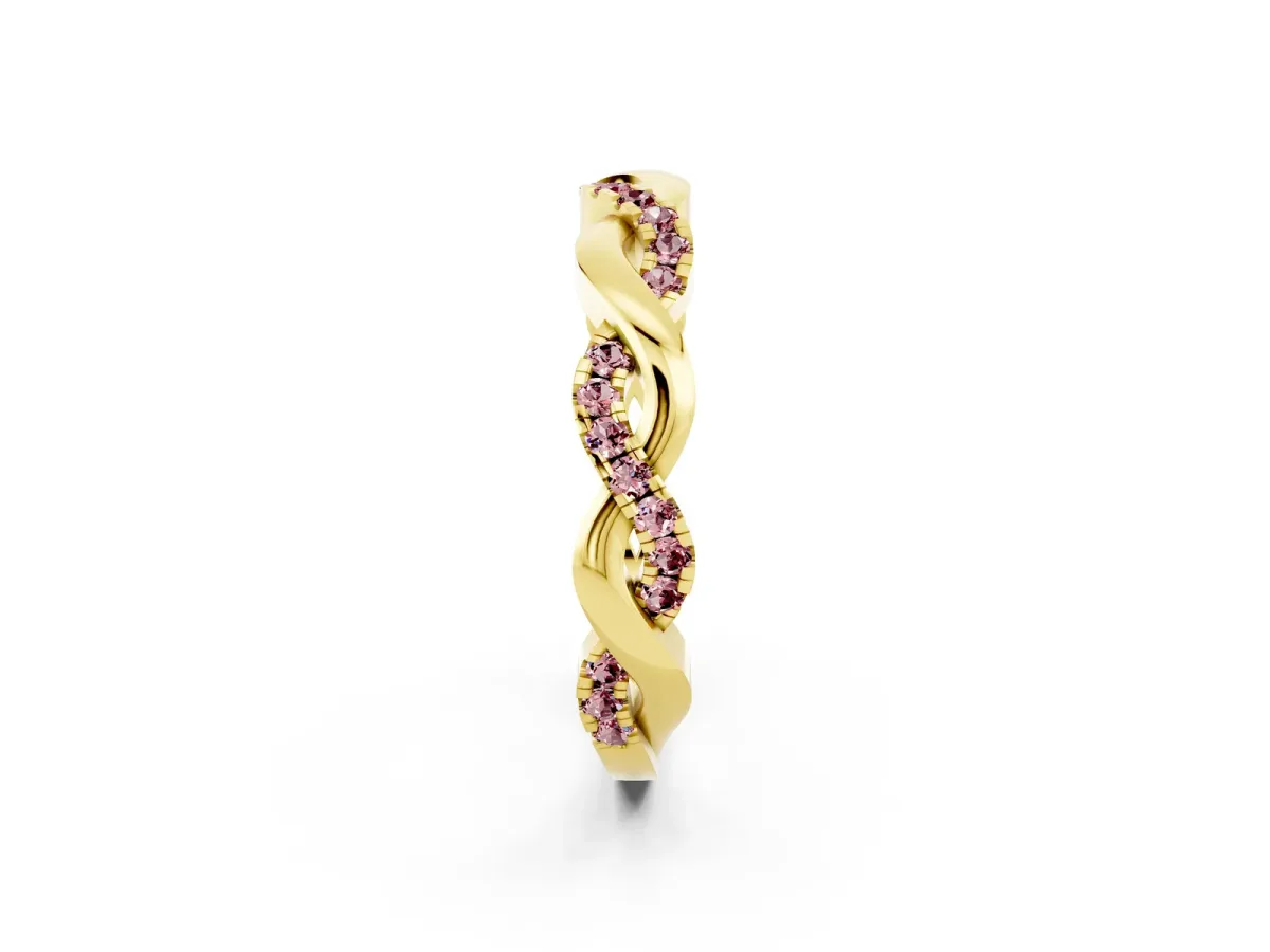 Pavé Round Morganite Twist Eternity Band with Shared Prong Setting Yellow gold