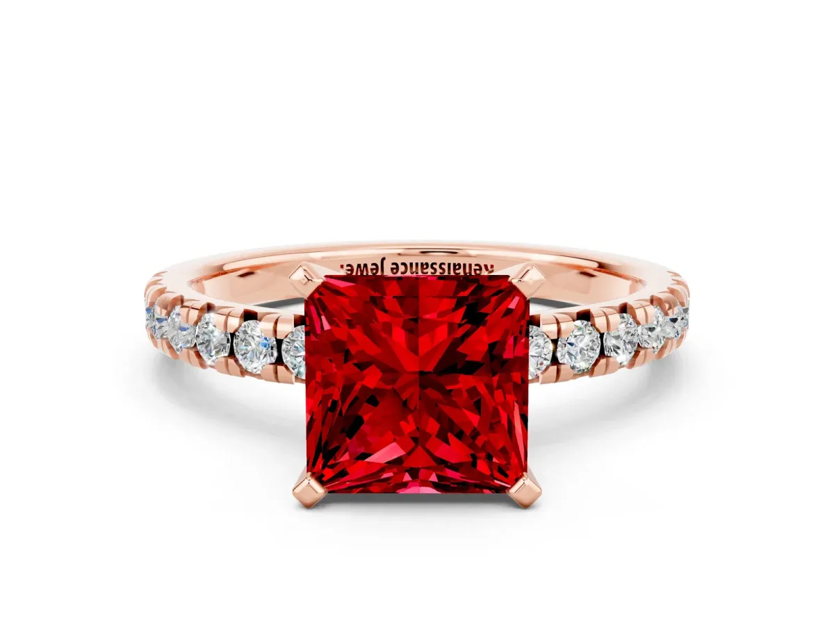 Princess Cut Ruby Solitaire Pavé Engagement Ring with Round Band and Prong Setting Rose gold