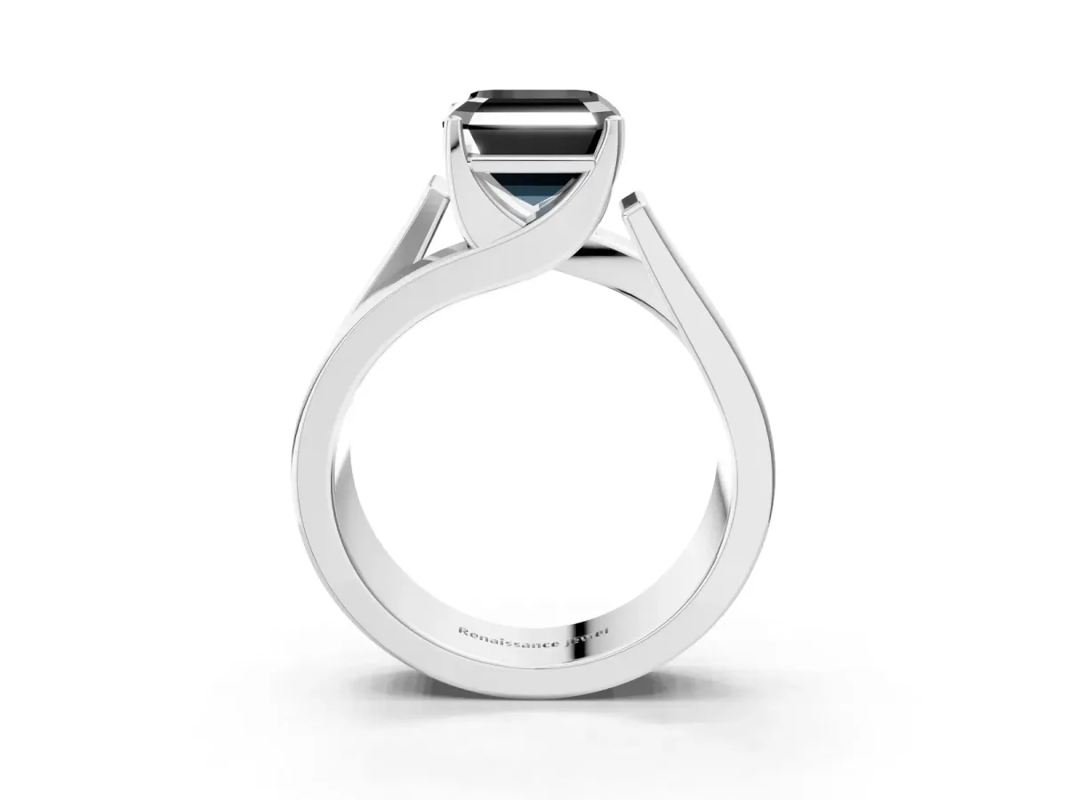 Fancy Black Modern Tension Set Asscher Cut Diamond Solitaire Wide Band Ring Silver