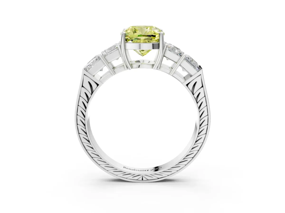 Fancy Yellow Cushion Cut Solitaire Princess Side Stone Engraved Band Prong Setting Ring Silver