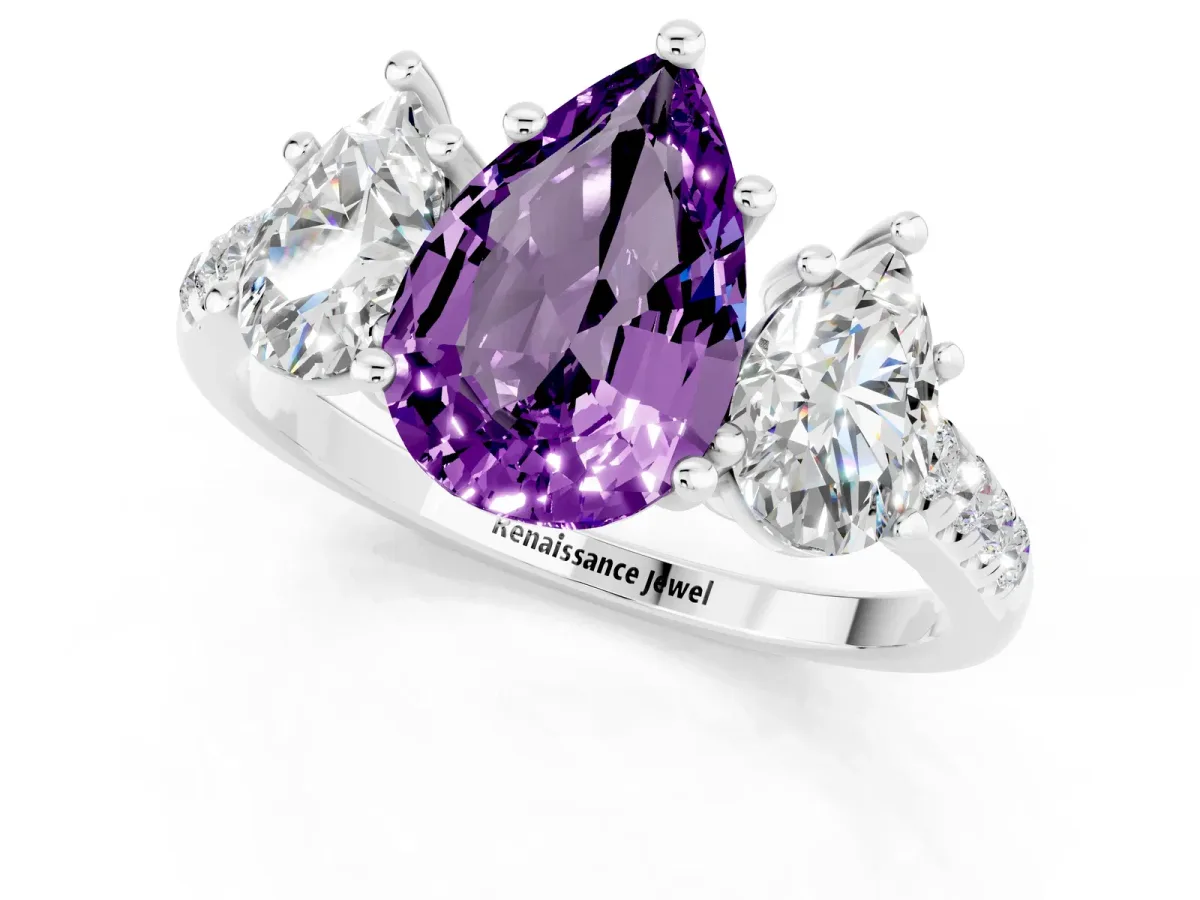 Three-Stone Pear Cut Amethyst Ring with Round Pavé Band and Prong Setting Platinum