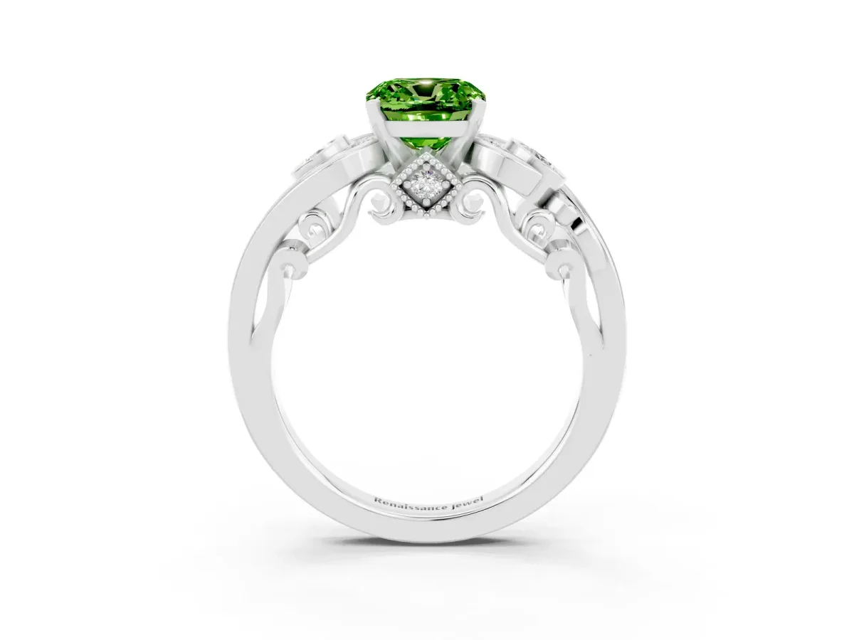 Cushion Cut Peridot Solitaire Ring with Milgrain Pavé Band and Four-Prong Setting Silver