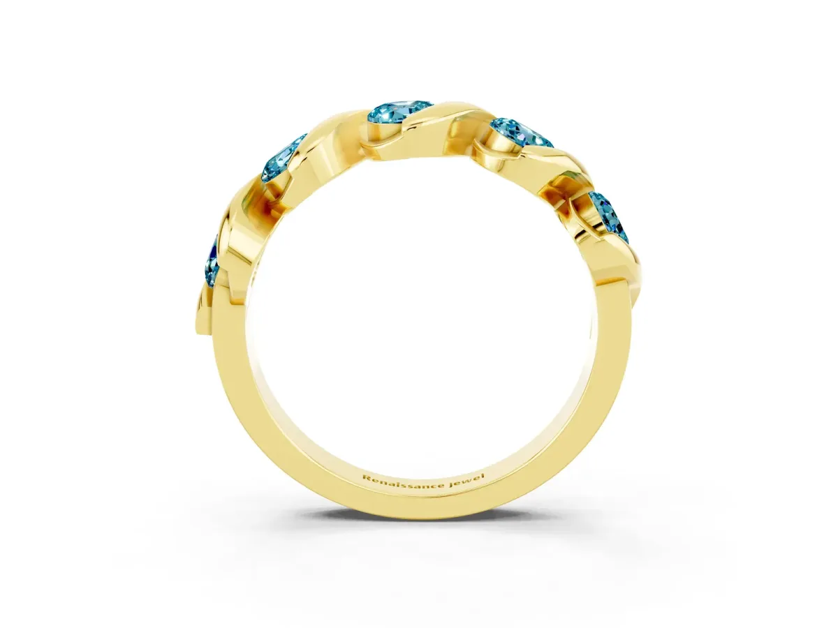 Round Blue Topaz Wave Band with Channel Setting and Shared Prongs Yellow gold