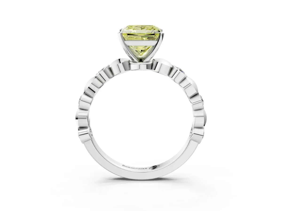 Fancy Yellow Princess Cut Solitaire Bezel-Set Diamond Ring with Beaded Band and Four-Prong Setting Silver