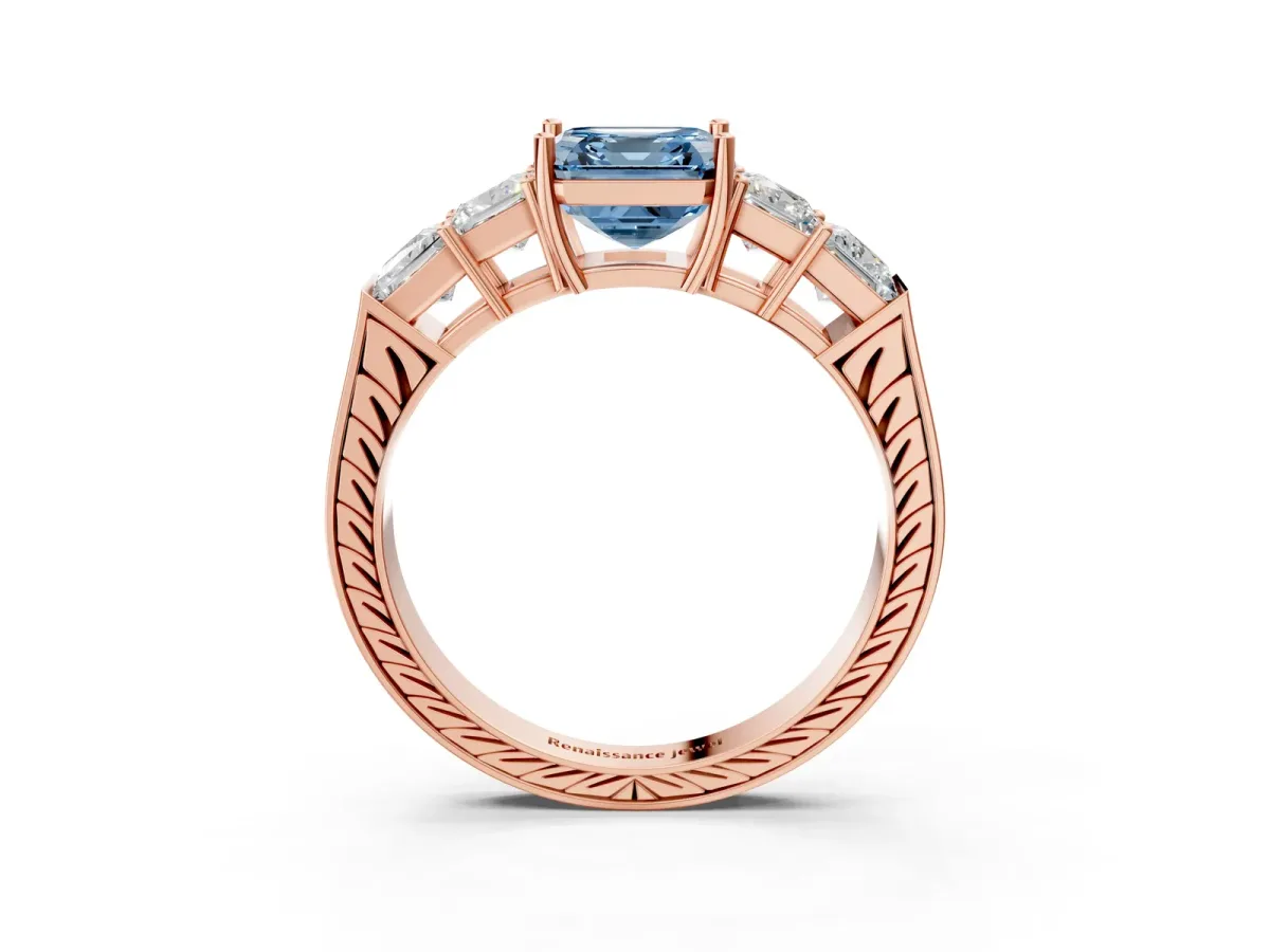 Fancy Blue Asscher Cut Solitaire Princess Side Stone Engraved Band Prong Setting Ring Rose gold