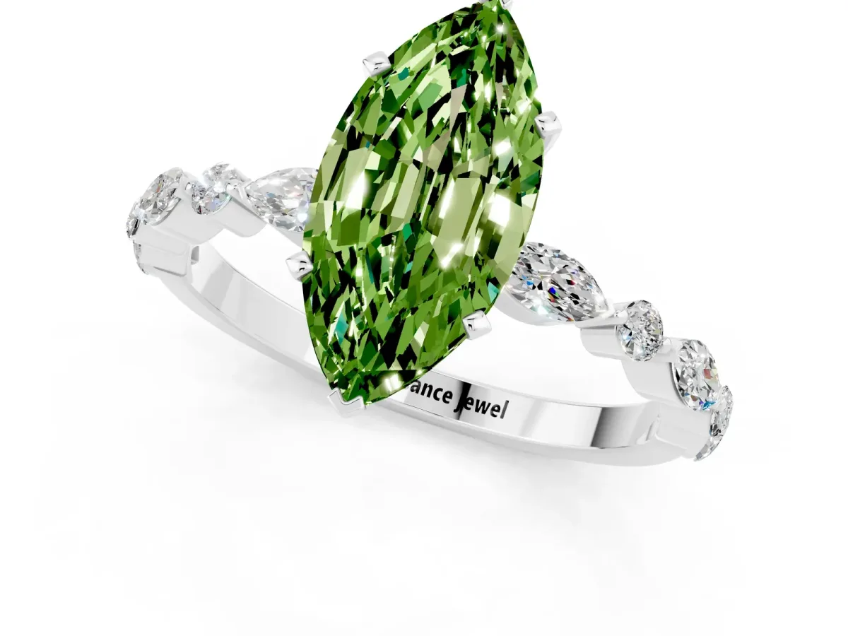 Marquise Cut Peridot Ring with Marquise and Round Side Stones and Four-Prong Setting Silver