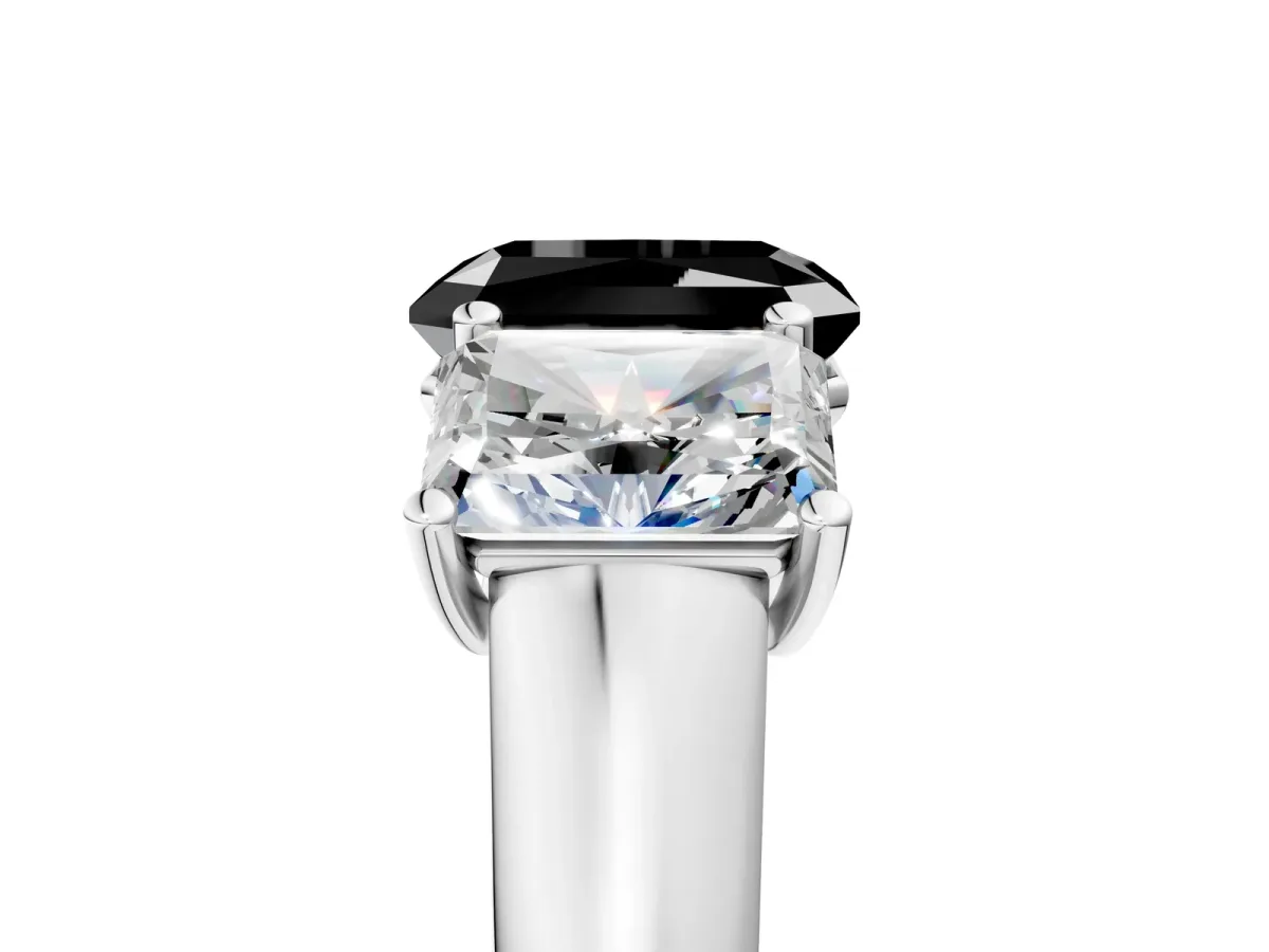 Fancy Black Radiant Cut Three-Stone Diamond Ring with Prong Setting on a Classic Band Platinum