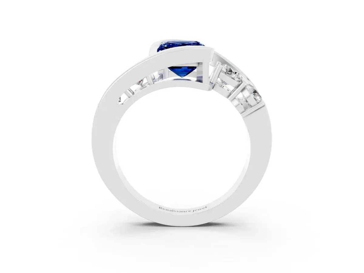 Bezel Set Emerald Cut Blue Sapphire Bypass Ring with Round Accents Platinum