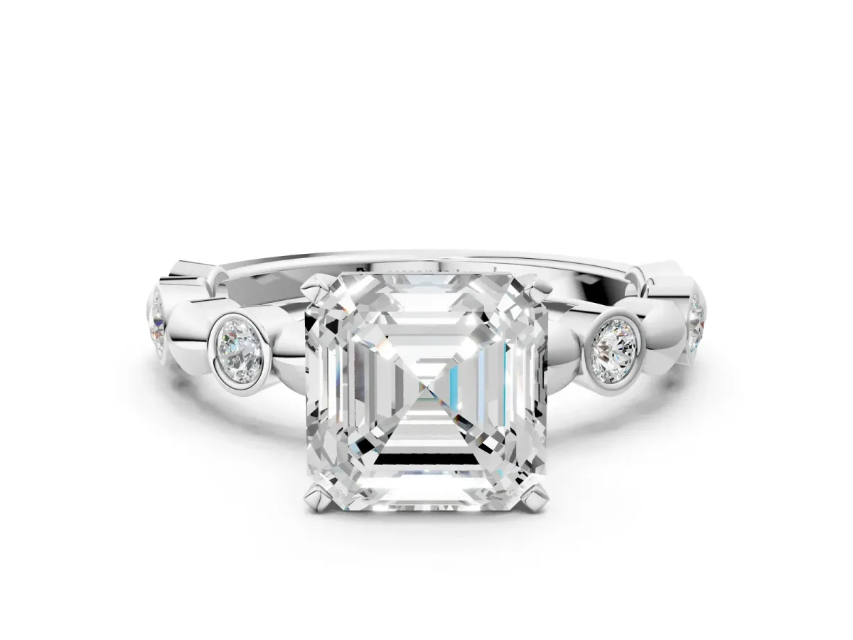 Asscher Cut Solitaire Bezel-Set Diamond Ring with Beaded Band and Four-Prong Setting Platinum
