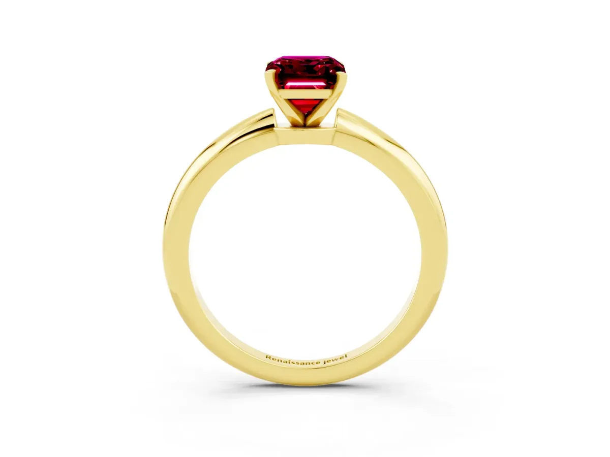 Emerald Cut Garnet Solitaire Ring with Six-Prong Setting and Classic Band Yellow gold