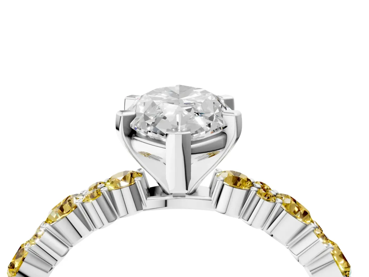 Marquise Cut Diamond Side Stone Solitaire Ring with Round Yellow Sapphire and Four-Prong Setting Silver