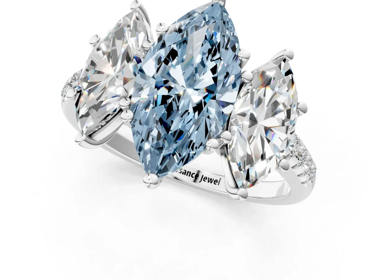 Fancy Blue Three-Stone Marquise Cut Diamond Ring with Round Pavé Band and Prong Setting Silver