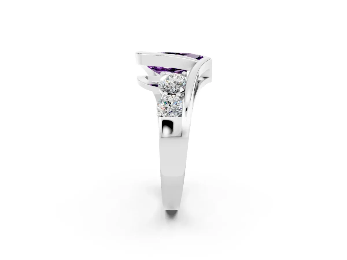 Bezel Set Pear Cut Amethyst Bypass Ring with Round Accents Platinum