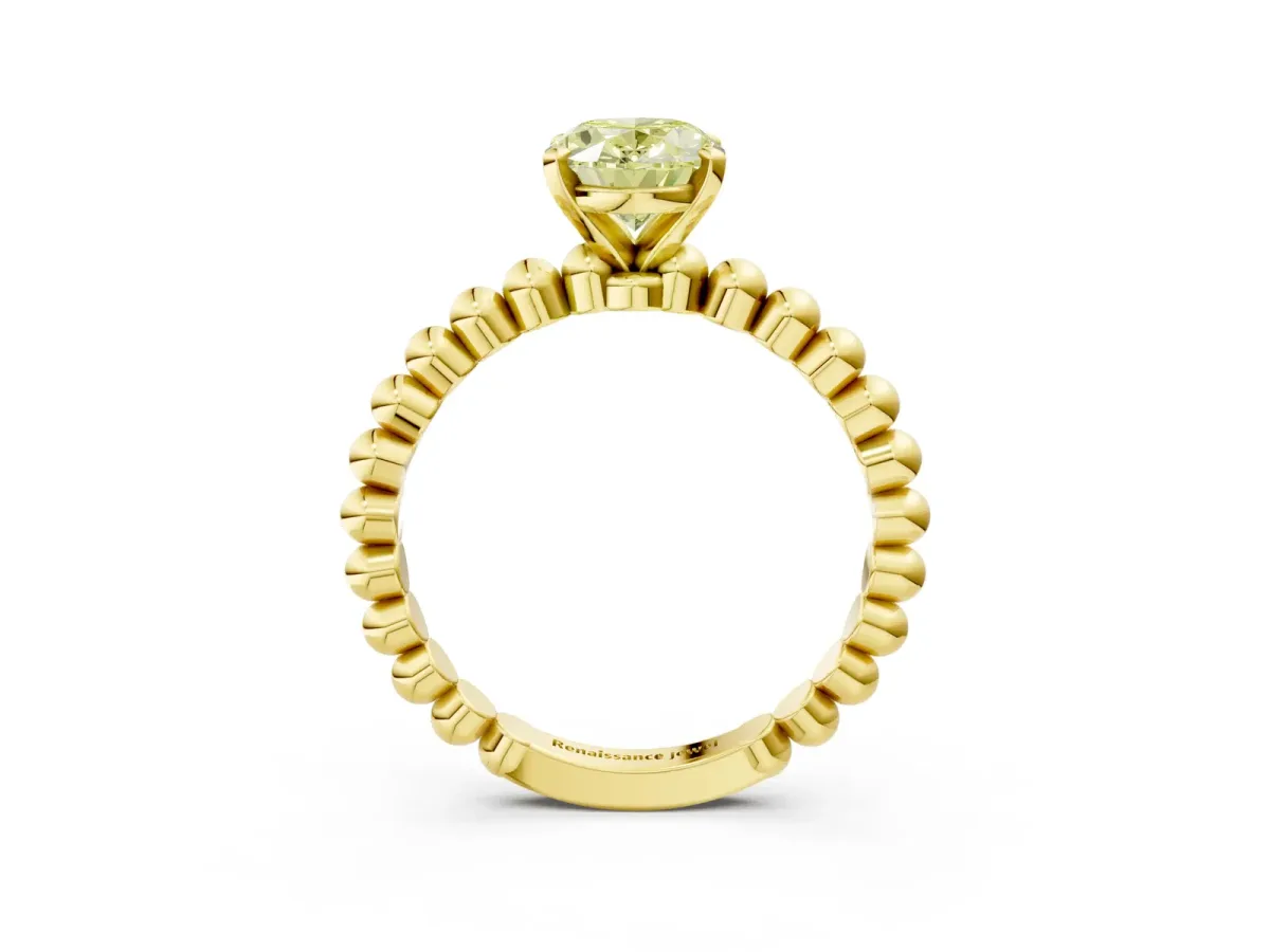 Fancy Yellow Oval Cut Diamond Solitaire Ring with Beaded Band and Prong Setting Yellow gold