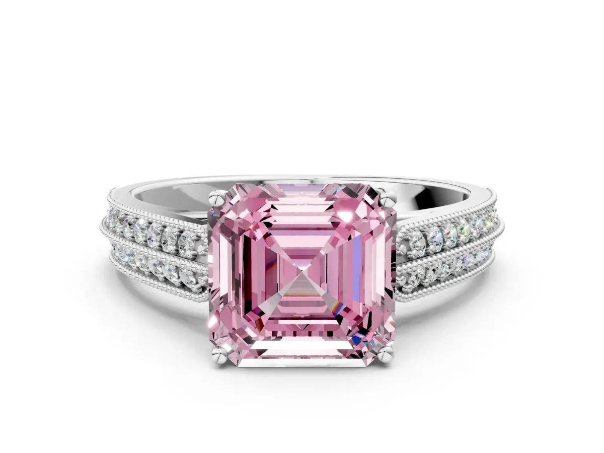 Fancy Pink Asscher Cut Cut Pave Split Shank Engagement Ring with Four-Prong Setting Platinum
