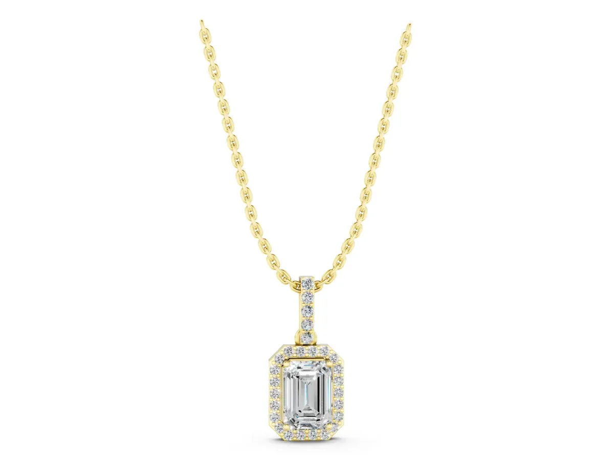 Emerald Cut Halo Diamond Pendant with Prong Setting Yellow gold