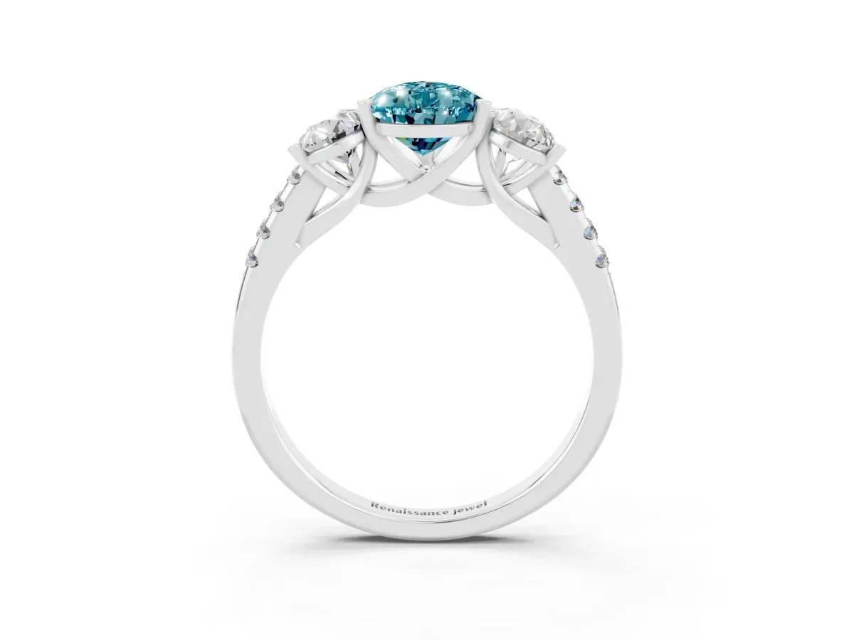 Three-Stone Pear Cut Blue Topaz Ring with Round Pavé Band and Prong Setting Silver