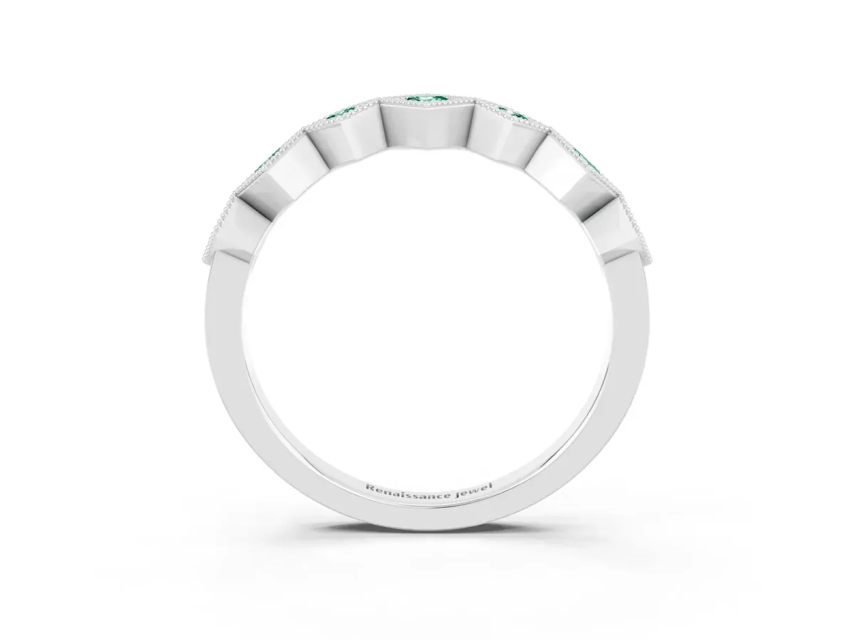 Milgrain Square Bezel Round Green Sapphire Chevron Band Platinum