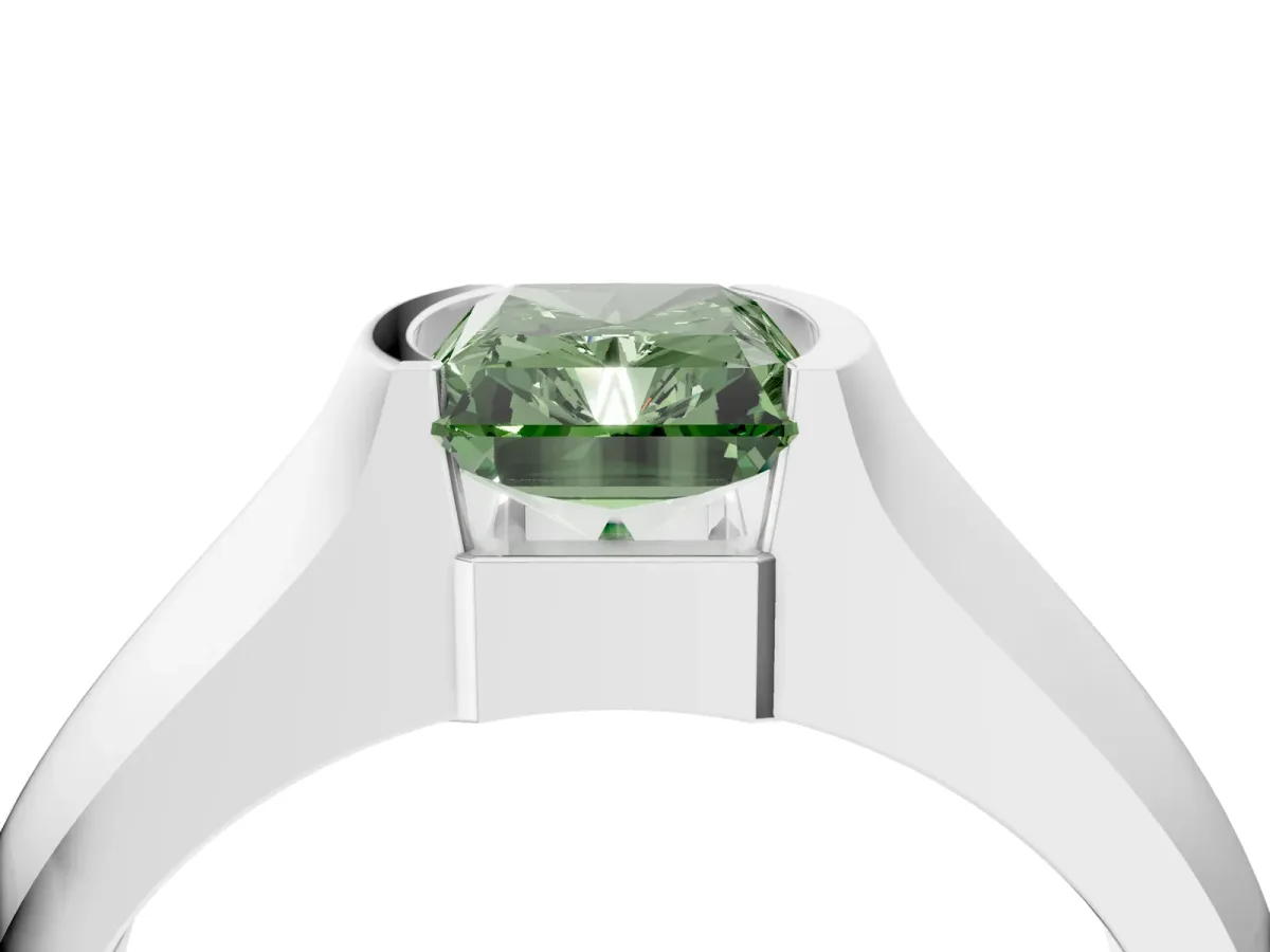 Fancy Green Radiant Cut Solitaire Bezel Set Diamond Ring with Wide Band Platinum
