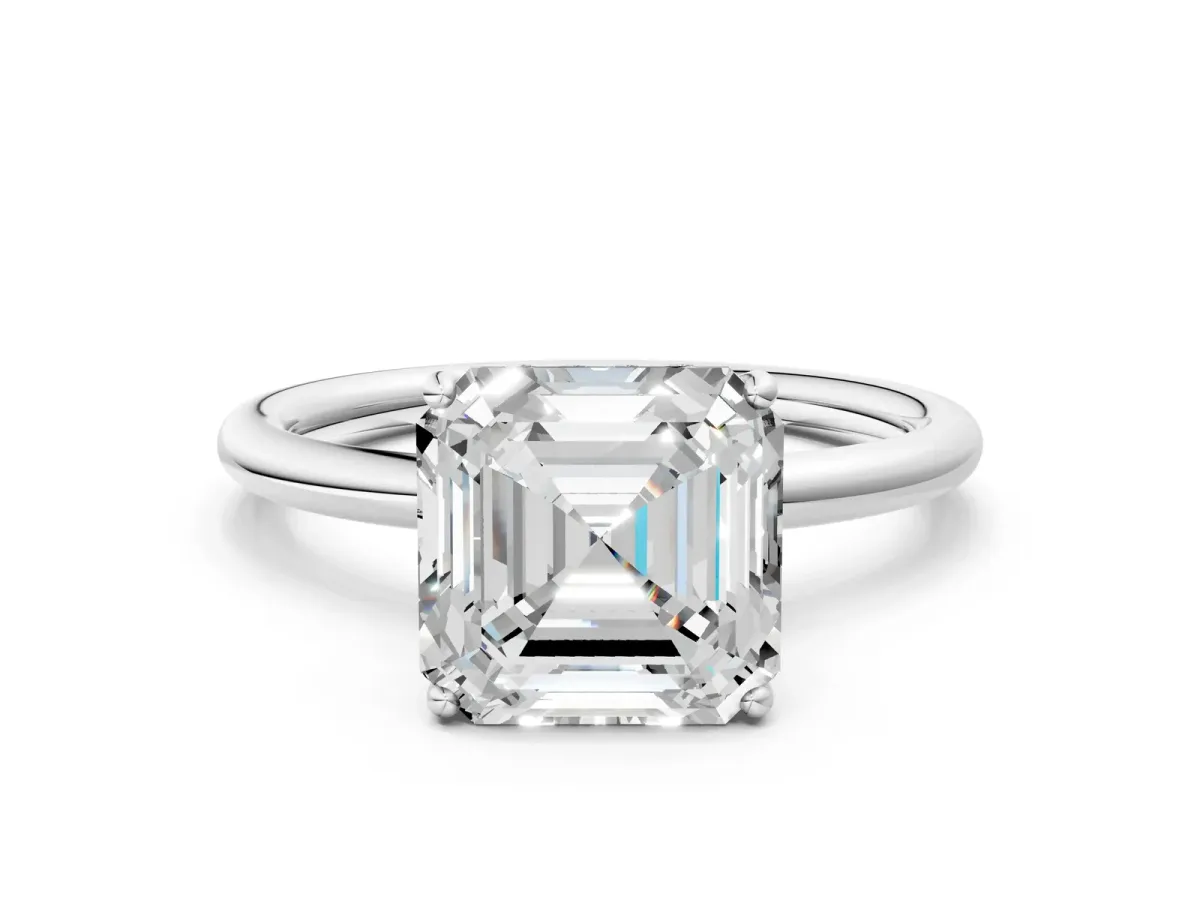 Asscher Cut Solitaire Diamond Ring with a Classic Band and Four-Prong Setting Platinum