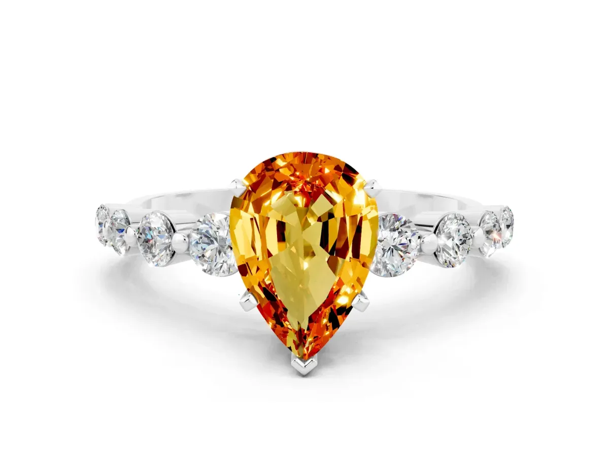Pear Cut Solitaire Citrine Ring with Pave Band and Four-Prong Setting Silver
