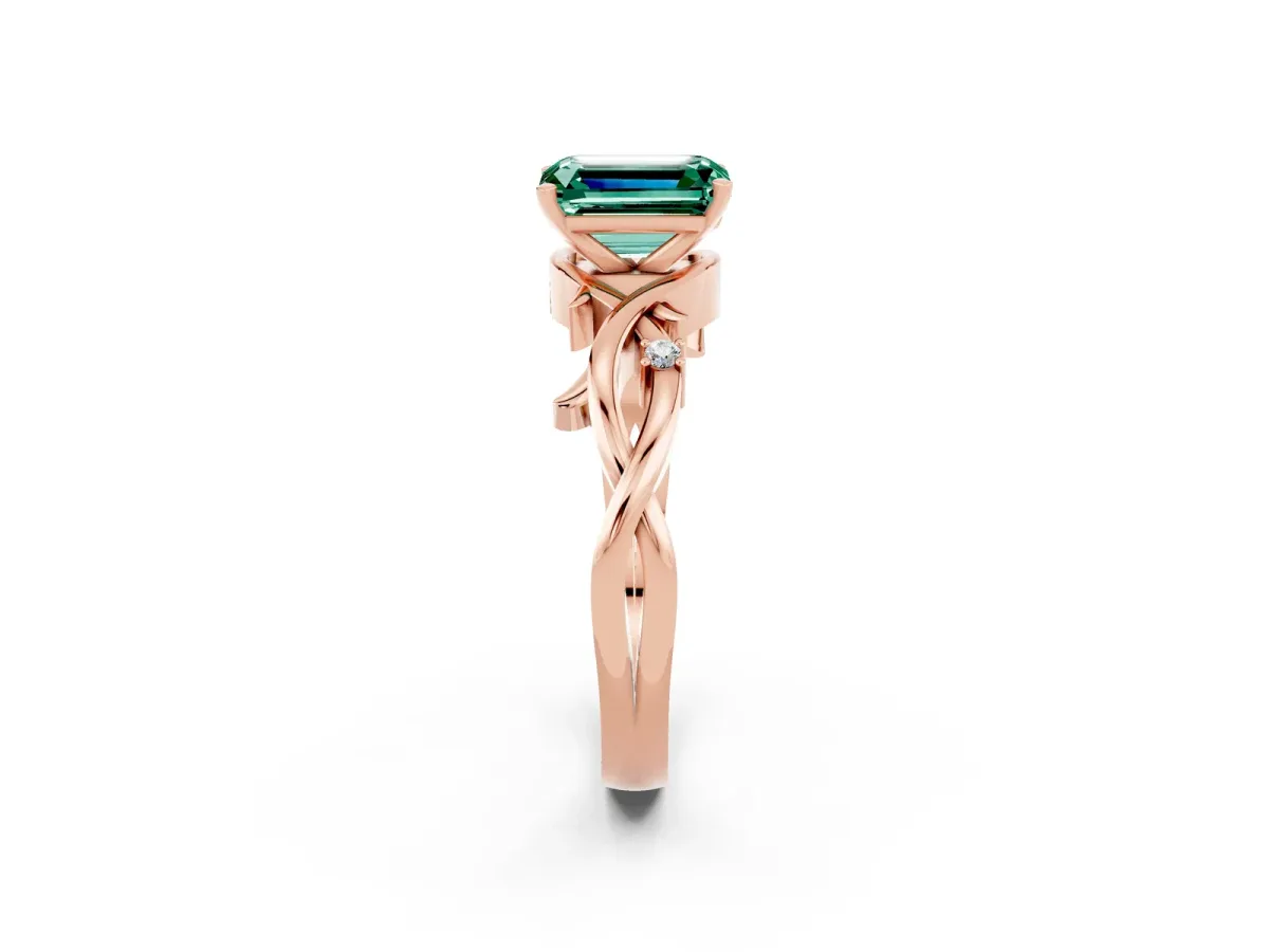 Emerald Cut Green Sapphire Solitaire Ring with Twisted Band and Prong Setting Rose gold