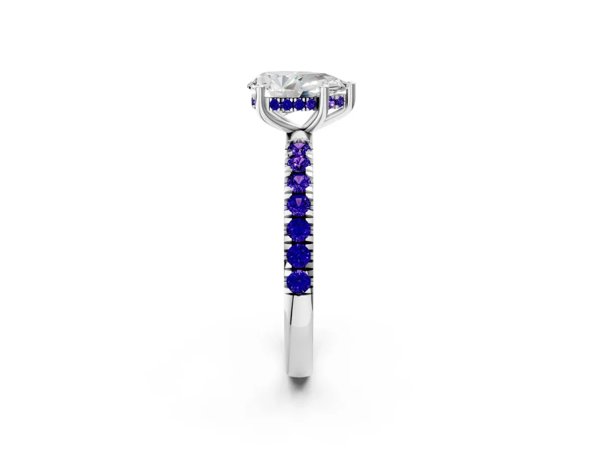Pear Cut Diamond Pave Band Solitaire Ring with Round Tanzanite and Prong Setting Platinum
