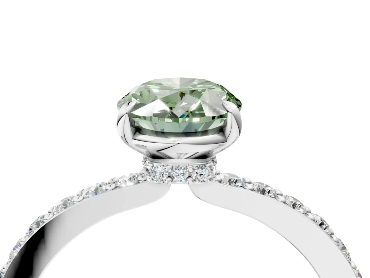 Fancy Green Oval Cut Diamond Solitaire Engagement Ring with Pavé Band and Four-Prong Setting Silver