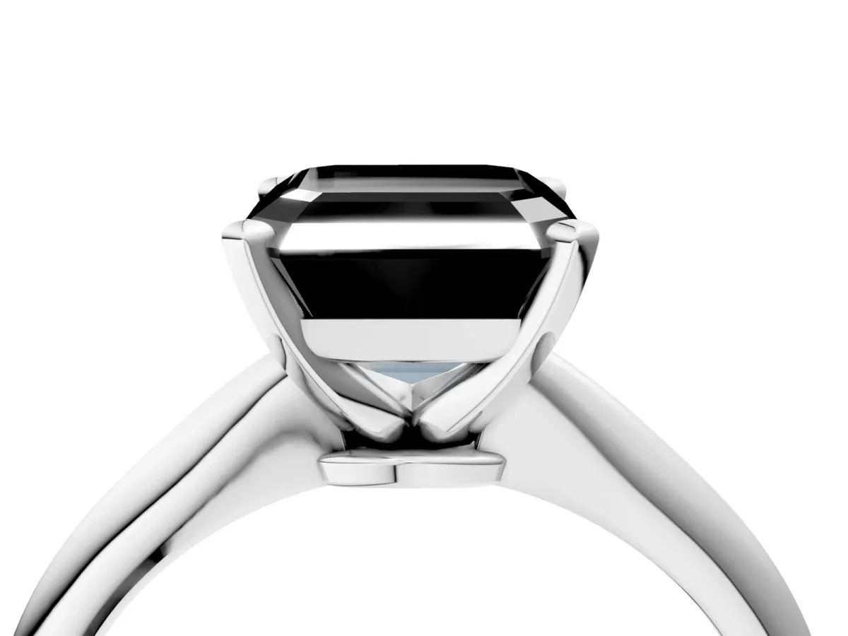 Fancy Black Asscher Cut Diamond Solitaire Engagement Ring with Classic Band and Four-Prong Setting Silver