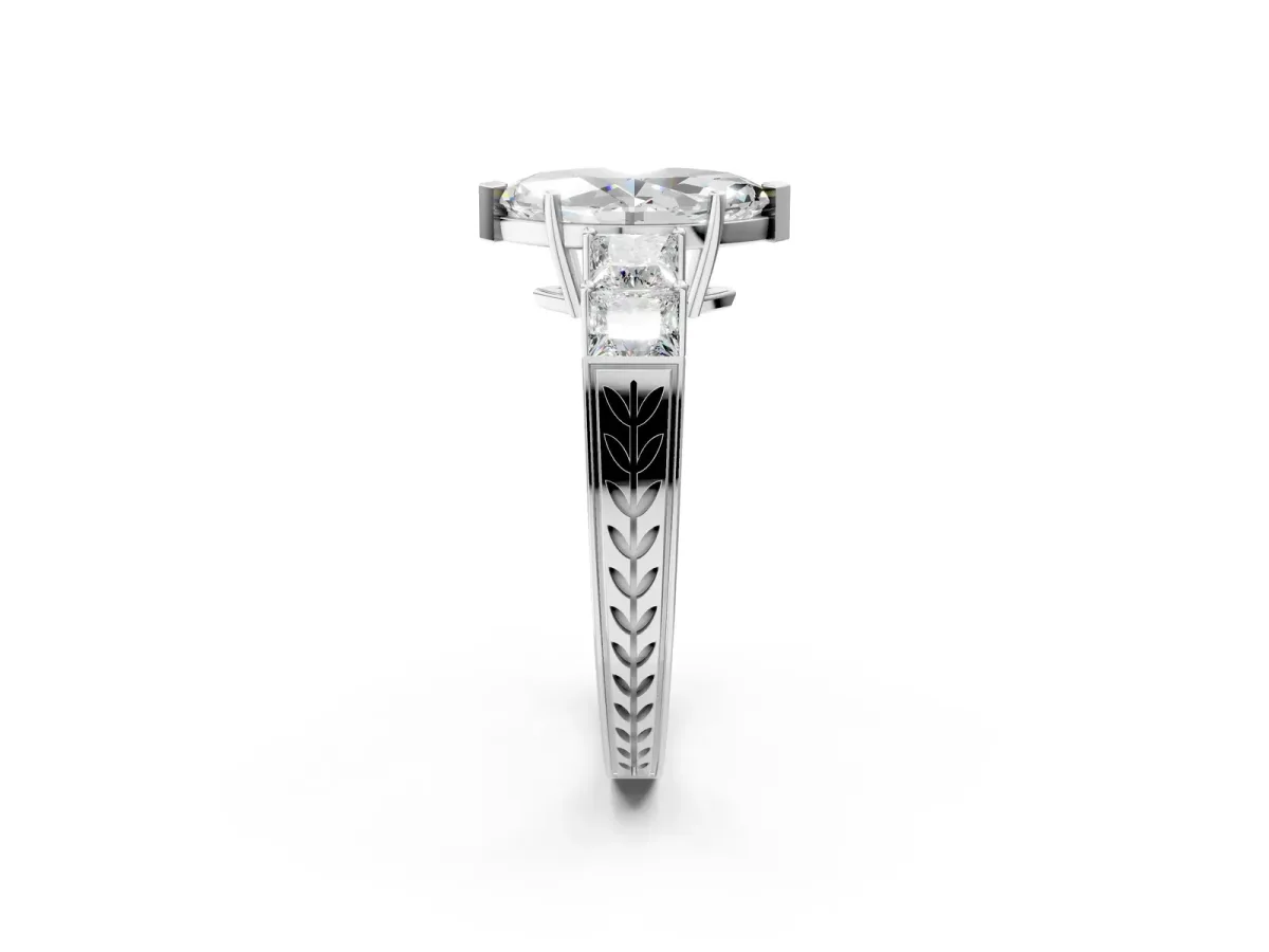 Marquise Cut Solitaire Princess Side Stone Engraved Band Prong Setting Ring Silver