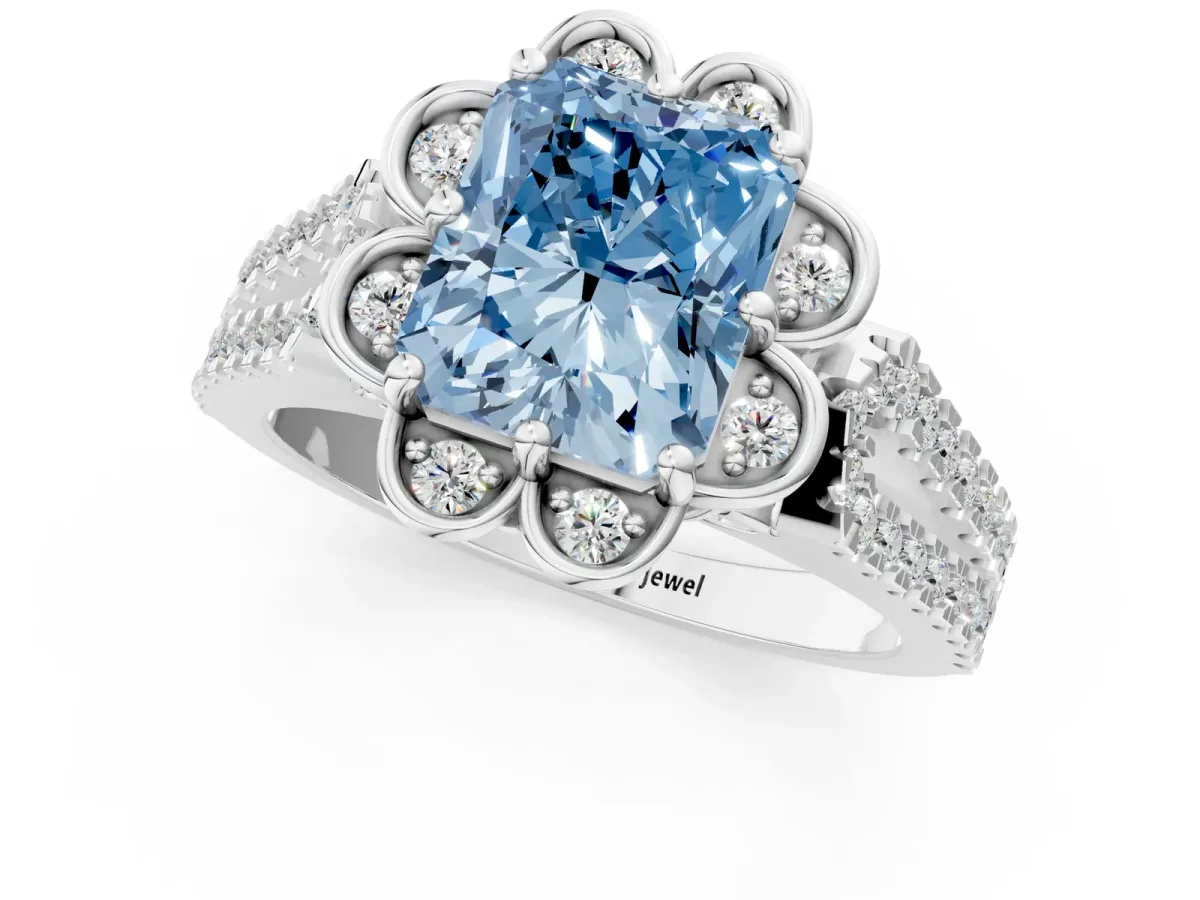 Fancy Blue Radiant Cut Halo Diamond Floral Split Shank Engagement Ring Platinum
