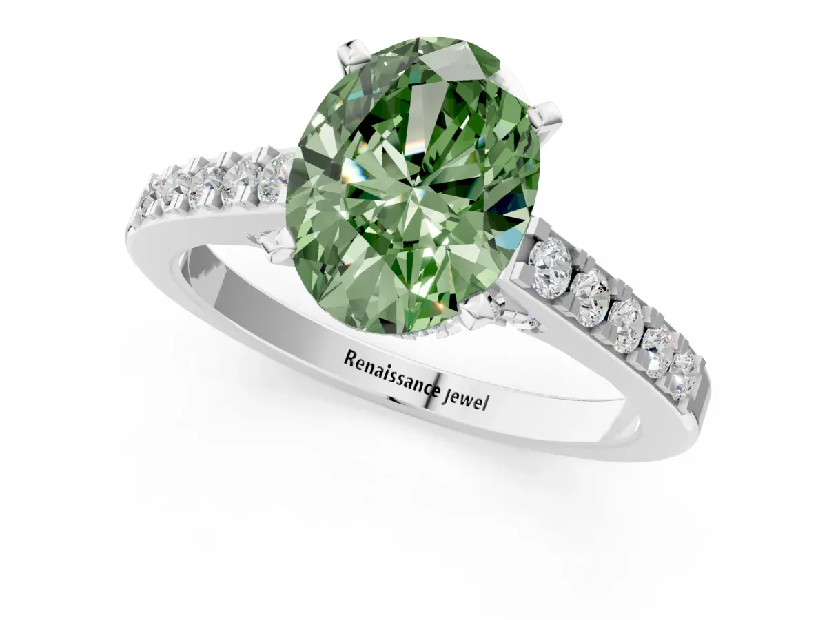 Fancy Green Oval Cut Diamond Solitaire Ring with Crossover Gallery and Round Pavé Band Silver