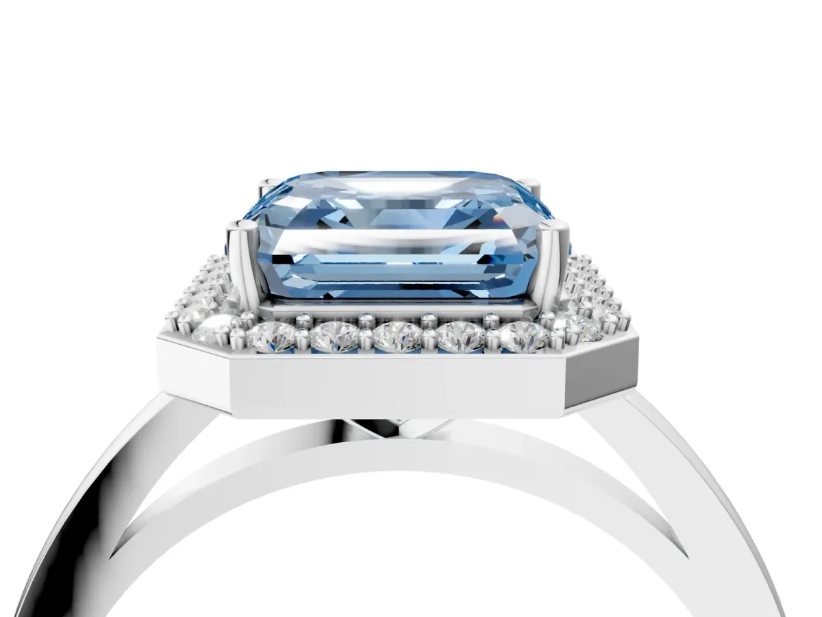 Fancy Blue Asscher Cut Halo Diamond Ring with Solitaire Band and Prong Setting Platinum