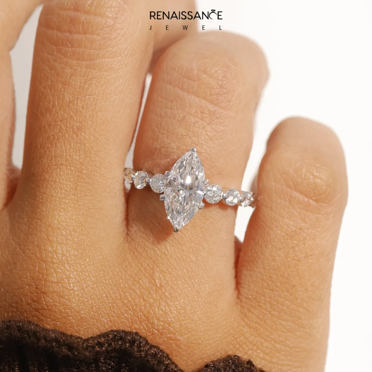 Marquise Cut Solitaire Diamond Ring with Pave Band and Four-Prong Setting Silver