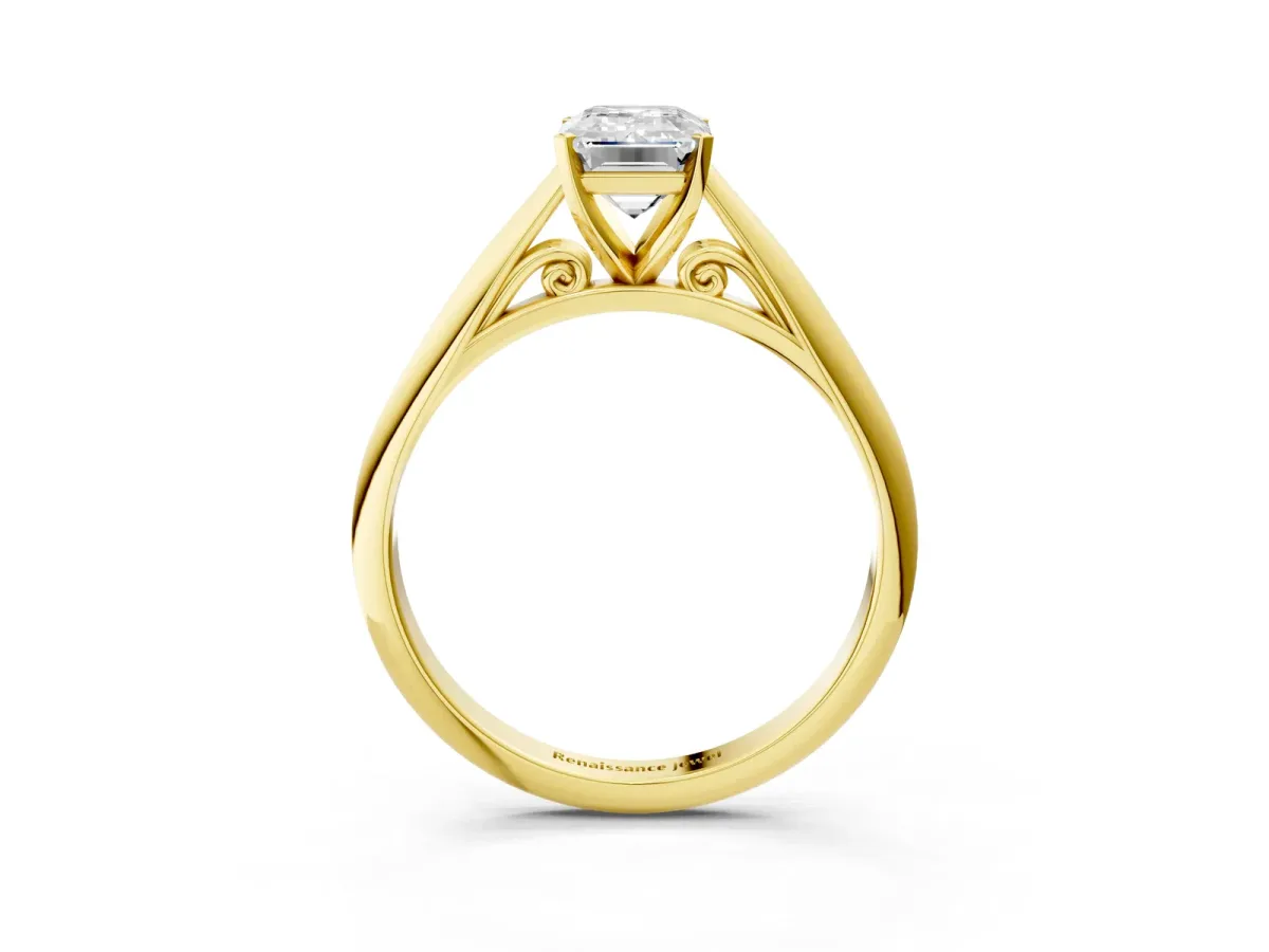 Emerald Cut Diamond Solitaire Engagement Ring with Cathedral Setting and Four-Prong Mount Yellow gold