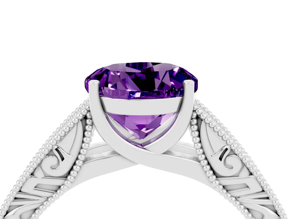 Round Cut Amethyst Solitaire Ring with Engraved Band and Four-Prong Setting White gold