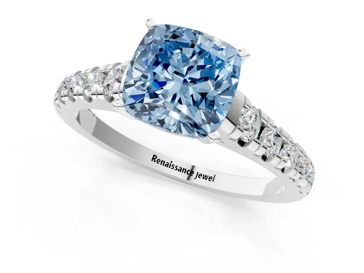 Fancy Blue Cushion Cut Diamond Cathedral Solitaire Ring with Round Pavé Band Silver