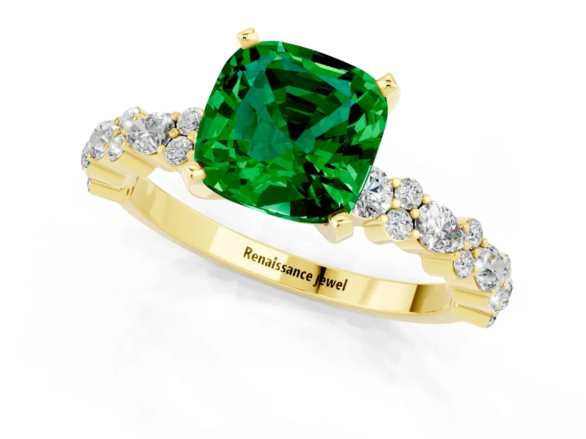 Cushion Cut Emerald Side Stone Solitaire Ring with Round and Four-Prong Setting Yellow gold