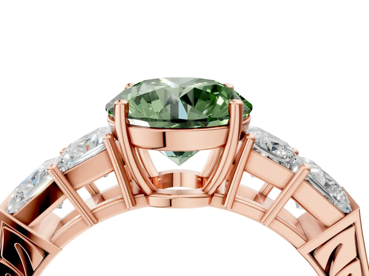 Fancy Green Round Cut Solitaire Princess Side Stone Engraved Band Prong Setting Ring Rose gold