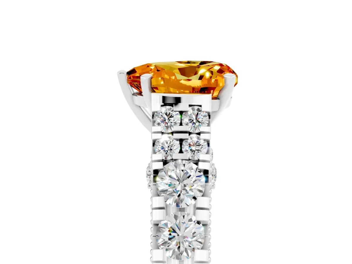 Heart Cut Citrine Classic Solitaire Ring with Pavé Band and Four-Prong Setting Silver