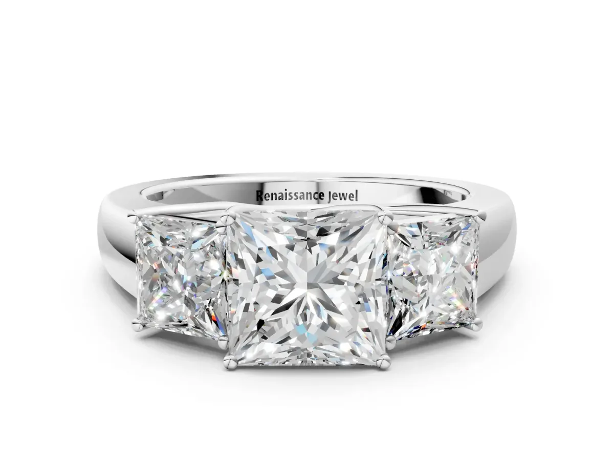 Three-Stone Princess Cut Cut Diamond Ring with Prong Setting and Classic Band White gold