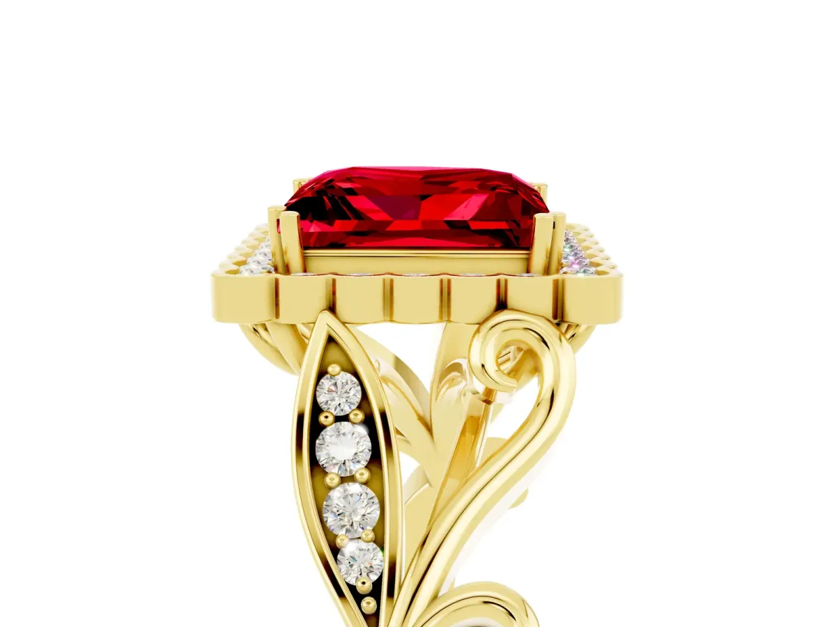 Princess Cut Ruby Halo Ring with Vintage Split Shank and Four-Prong Setting Yellow gold