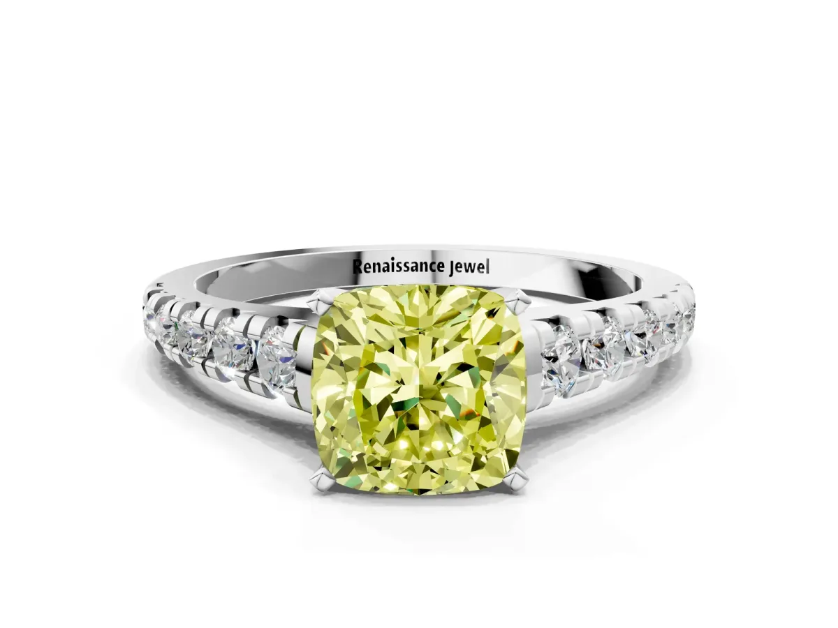 Fancy Yellow Cushion Cut Diamond Cathedral Solitaire Ring with Round Pavé Band Silver