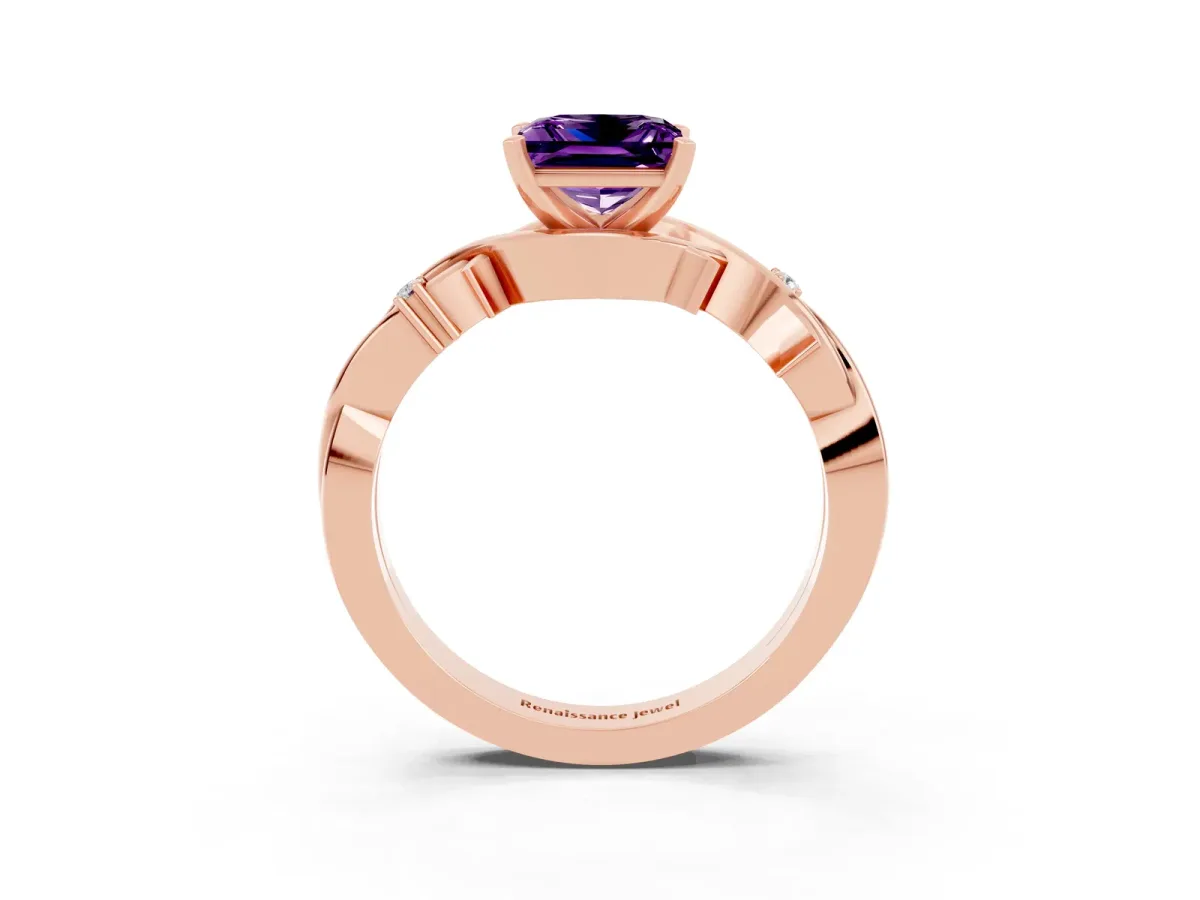 Princess Cut Amethyst Solitaire Ring with Twisted Band and Prong Setting Rose gold